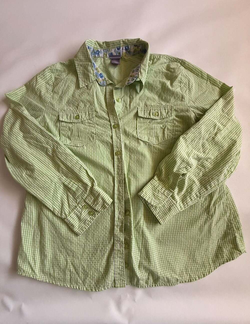 Laura Scott Green Gingham Check Button Up Shirt Womens L/P Cotton Y2K Preppy